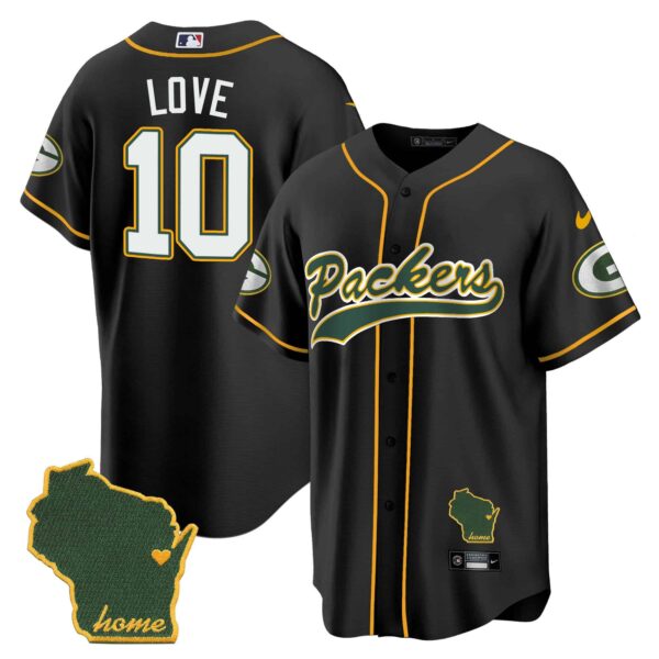Men’s Packers Home Patch Baseball Jersey – All Stitched – Black – Jordan Love