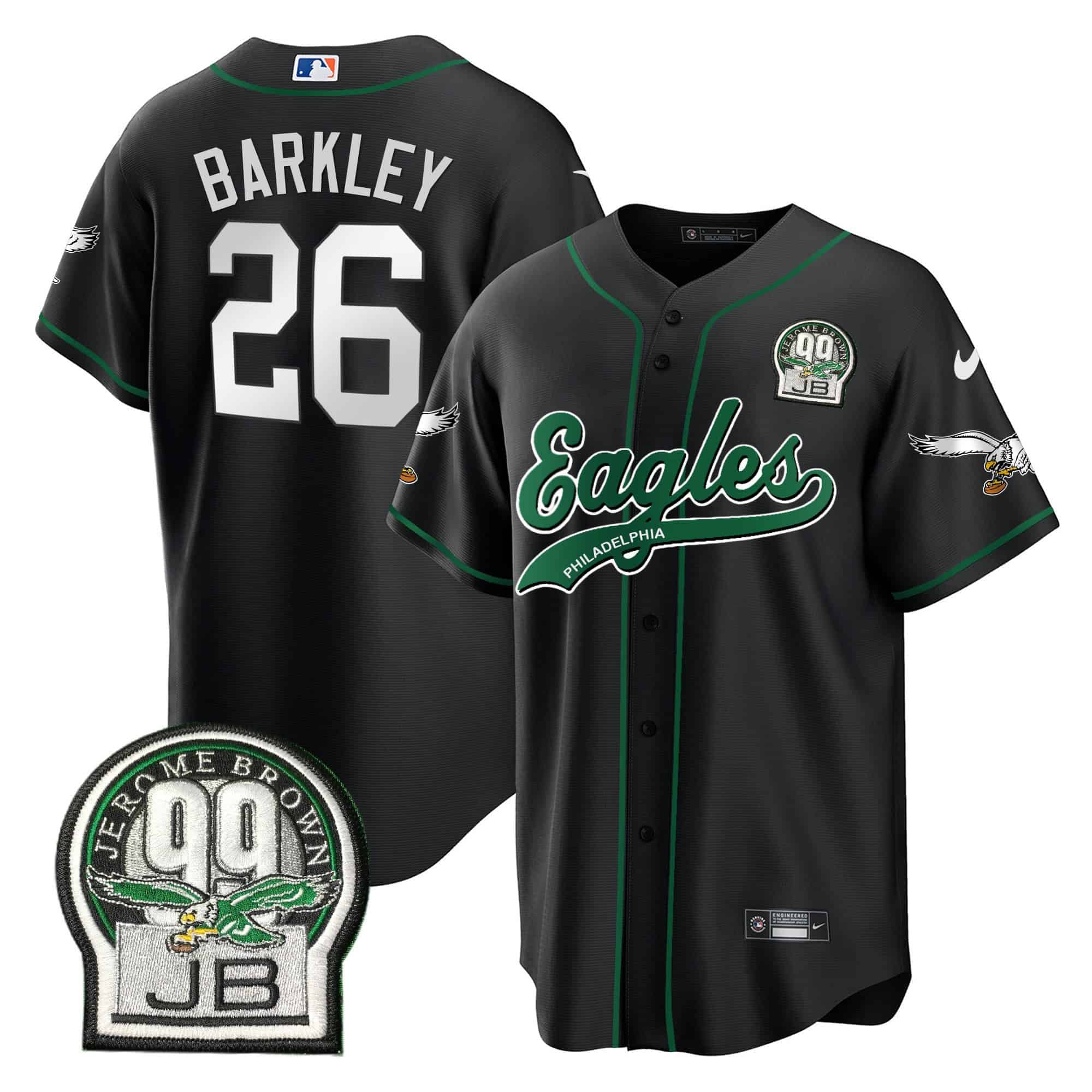 Saquon Barkley Eagles Jerome Brown Retired Patch Kelly Green Baseball Jersey – All Stitched – Men – Black