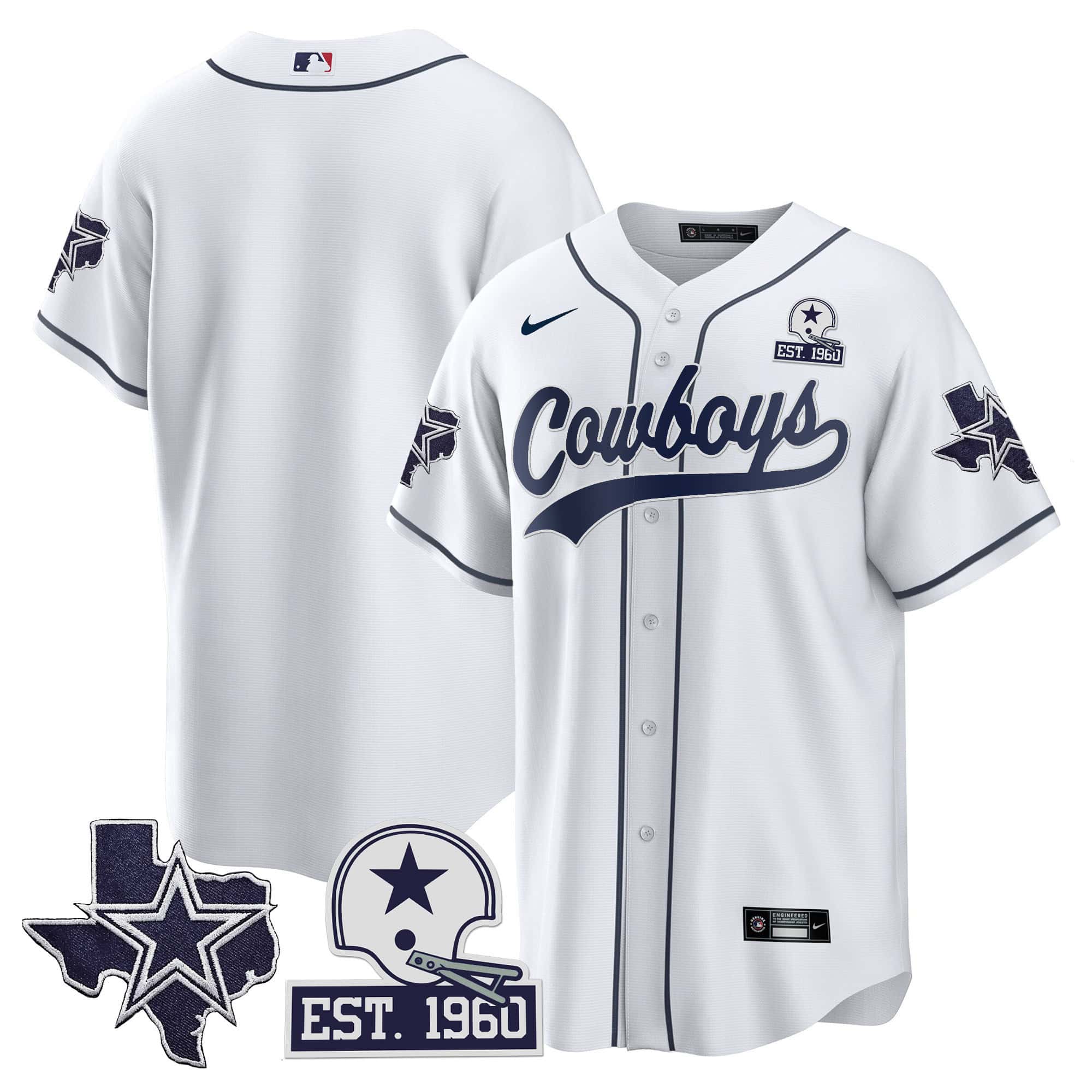 Men’s Cowboys Texas Patch Baseball Jersey – All Stitched – White – Team