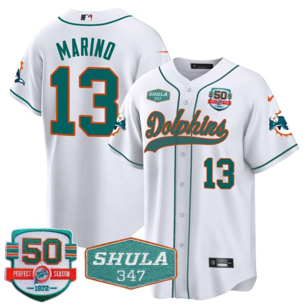 Men’s Dolphins 50th & Don Shula 347 Memorial Patch Baseball Jersey – All Stitched – White – Dan Marino
