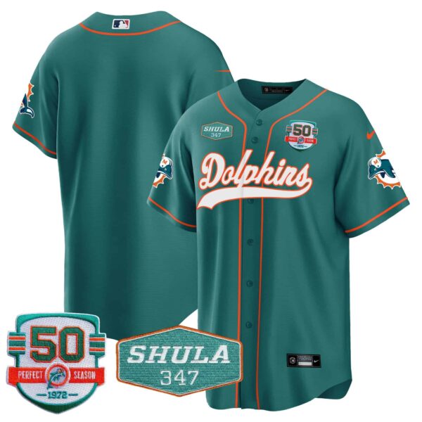 Men’s Dolphins 50th & Don Shula 347 Memorial Patch Baseball Jersey – All Stitched – Aqua – Team