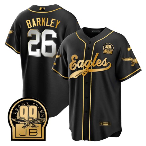 Saquon Barkley Eagles Jerome Brown Retired Patch Kelly Green Baseball Jersey – All Stitched – Men – Black Limited