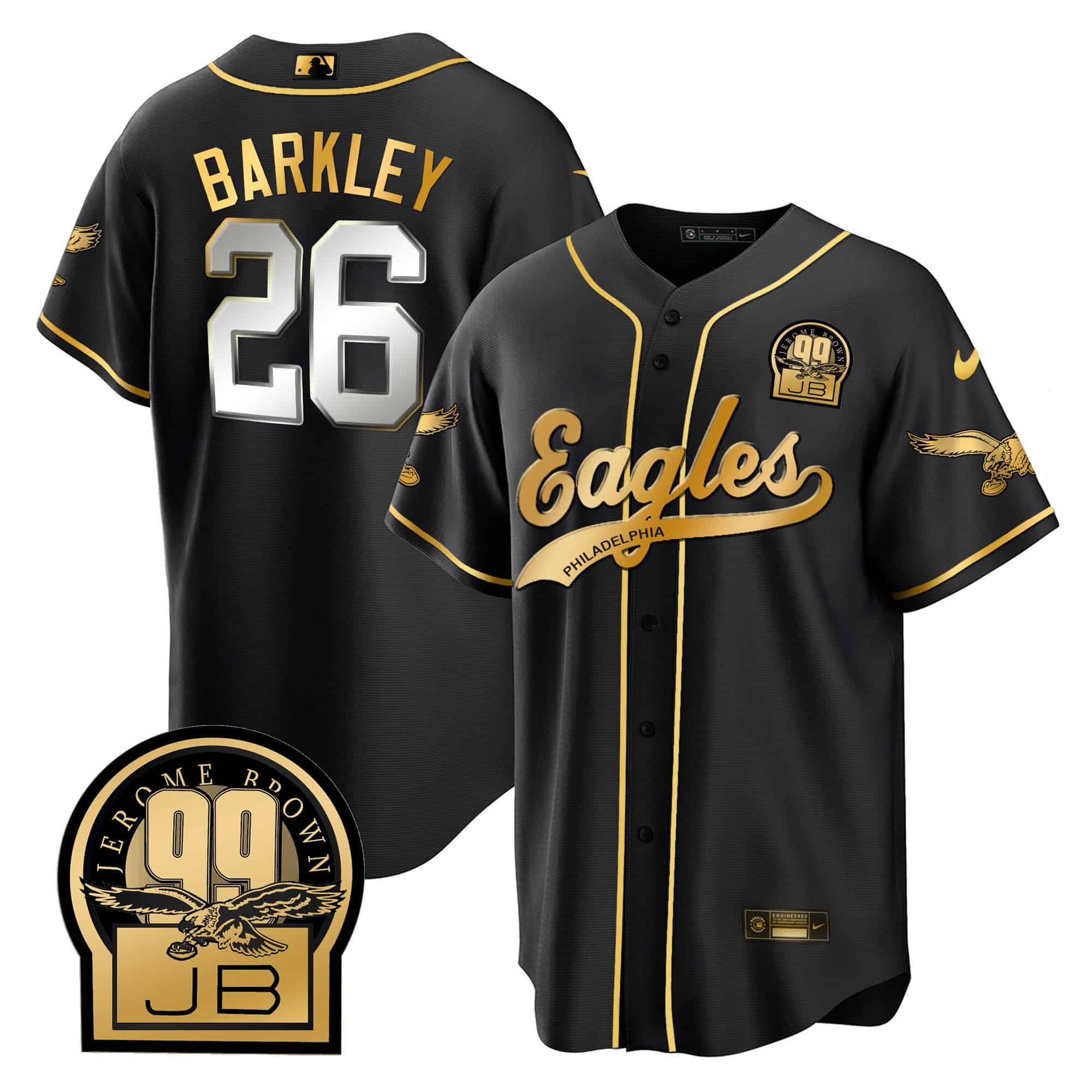 Saquon Barkley Eagles Jerome Brown Retired Patch Kelly Green Baseball Jersey – All Stitched – Men – Black Limited