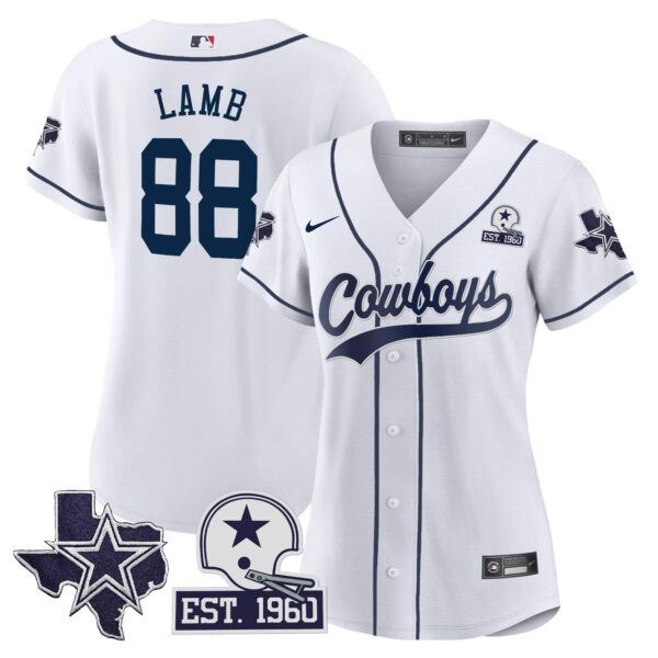 Women’s Cowboys Texas Patch Baseball Jersey – All Stitched – White – CeeDee Lamb