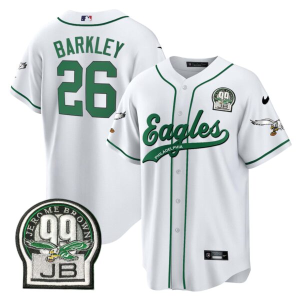 Saquon Barkley Eagles Jerome Brown Retired Patch Kelly Green Baseball Jersey – All Stitched – Men – White