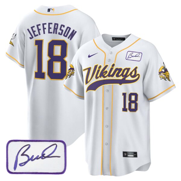 Men’s Vikings Bud Grant Patch Classic Baseball Jersey – All Stitched – White – Justin Jefferson