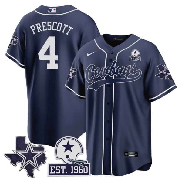 Men’s Cowboys Texas Patch Baseball Jersey – All Stitched – Navy – Dak Prescott