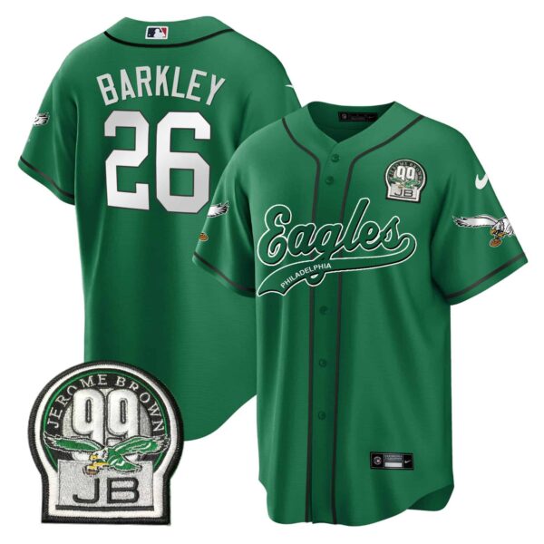 Saquon Barkley Eagles Jerome Brown Retired Patch Kelly Green Baseball Jersey – All Stitched – Men – Kelly