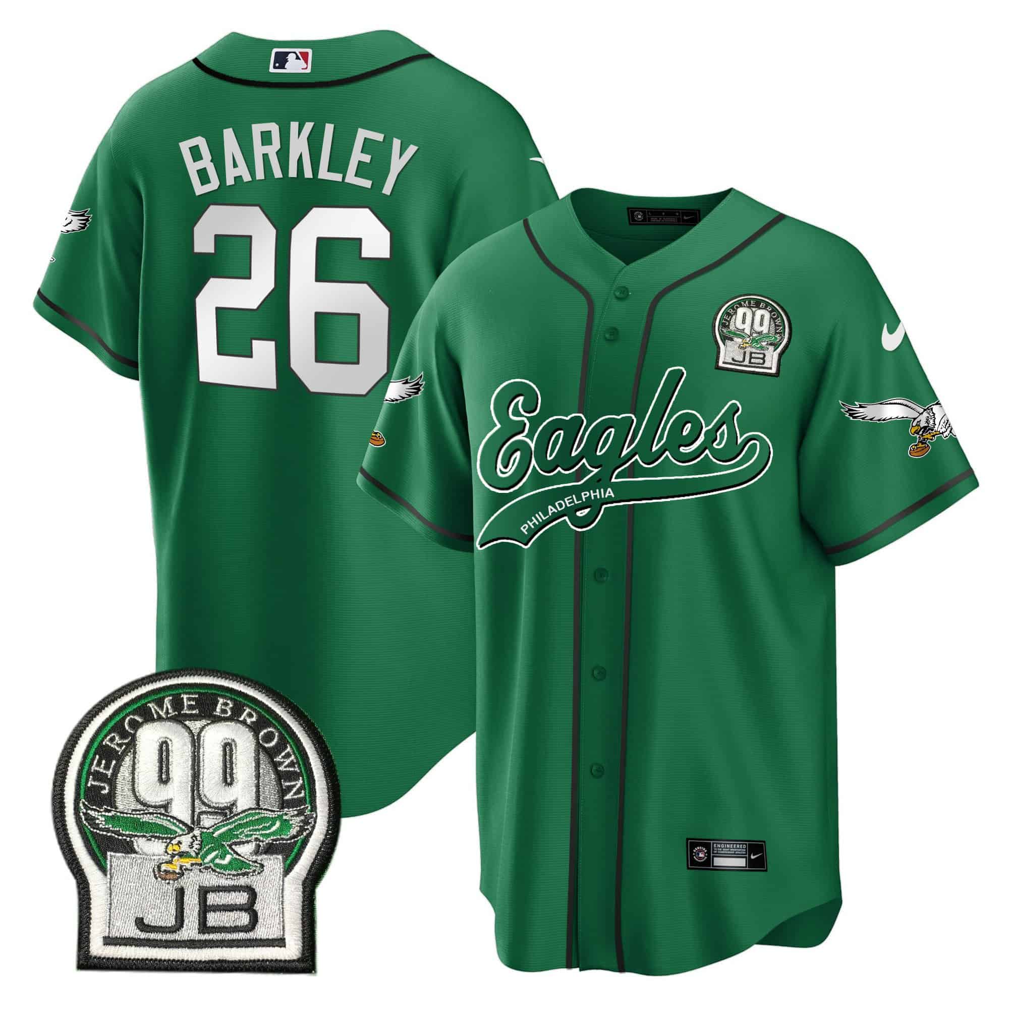 Saquon Barkley Eagles Jerome Brown Retired Patch Kelly Green Baseball Jersey – All Stitched – Men – Kelly