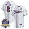 Men’s Ravens 20th Season Patch Baseball Jersey – All Stitched – White – Lamar Jackson