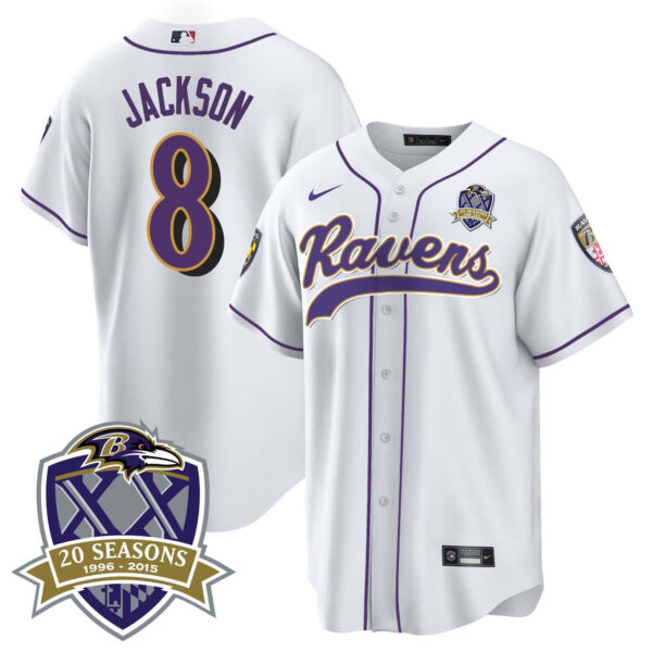 Men’s Ravens 20th Season Patch Baseball Jersey – All Stitched – White – Lamar Jackson