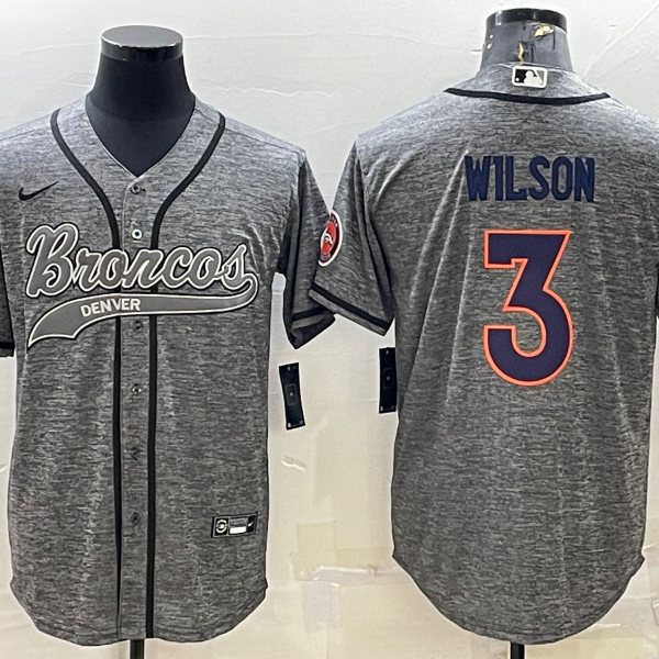 Men’s Denver Broncos #3 Russell Wilson Grey Gridiron With Patch Cool Base Stitched Baseball Jersey
