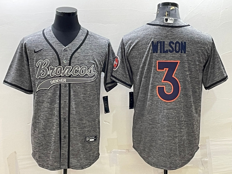 Men’s Denver Broncos #3 Russell Wilson Grey Gridiron With Patch Cool Base Stitched Baseball Jersey