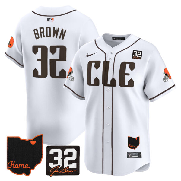 Men’s Browns #32 Jim Brown Memorial & Home Patch Vapor Premier Limited Jersey – All Stitched – White – Jim Brown