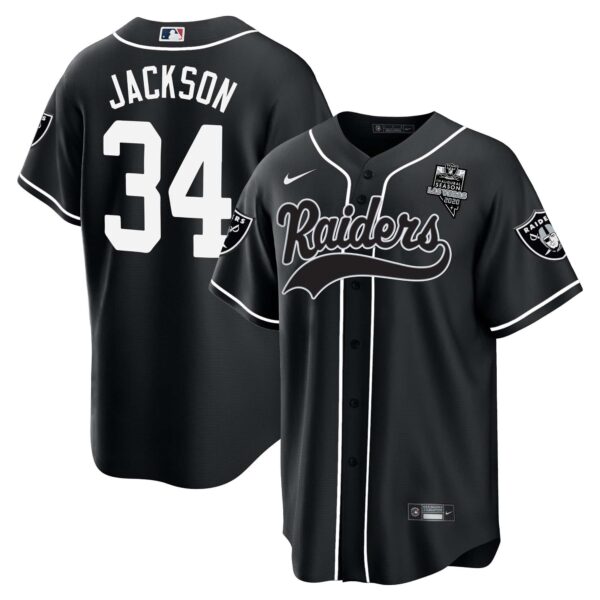 Men’s Raiders Baseball Jersey – All Stitched – Black – Bo Jackson