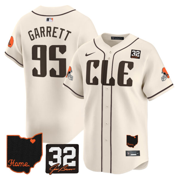 Men’s Browns #32 Jim Brown Memorial & Home Patch Vapor Premier Limited Jersey – All Stitched – Cream – Myles Garrett