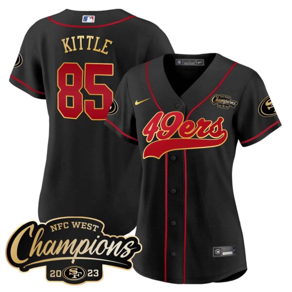 Women's 49ers 2023 NFC West Champions Baseball Gold Trim Jersey - All Stitched - Black Gold Trim - George Kittle