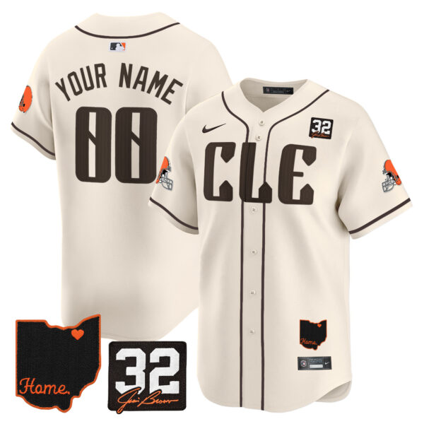 Browns #32 Jim Brown Memorial & Home Patch Vapor Premier Limited Custom Jersey – All Stitched – Men – Cream