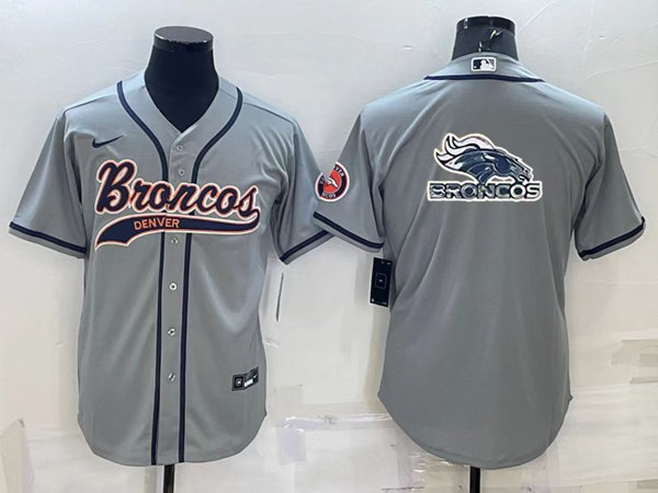 Men’s Denver Broncos Gray Team Big Logo With Patch Cool Base Stitched Baseball Jersey
