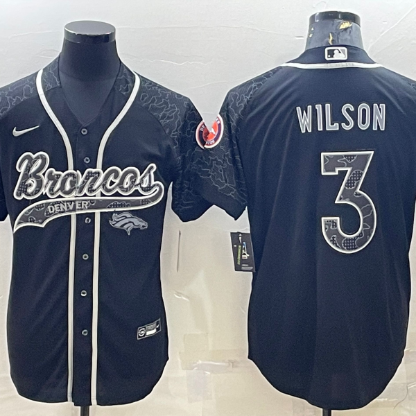Men’s Denver Broncos #3 Russell Wilson Black Reflective With Patch Cool Base Stitched Baseball Jersey