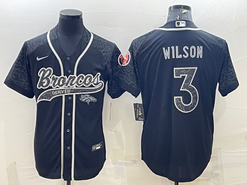 Men’s Denver Broncos #3 Russell Wilson Black Reflective With Patch Cool Base Stitched Baseball Jersey