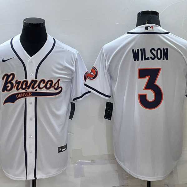 Men’s Denver Broncos #3 Russell Wilson White Stitched Cool Base Nike Baseball Jersey