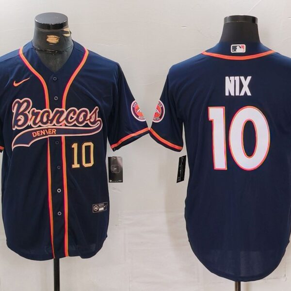 Men’s Denver Broncos #10 Bo Nix Number Navy Cool Base Stitched Baseball Jersey