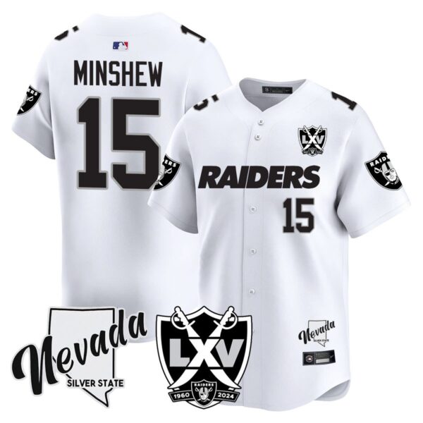 Raiders 2024 Baseball Limited Jersey – 65th Anniversary – All Stitched – Gardner Minshew – 15 – White Limited Jersey