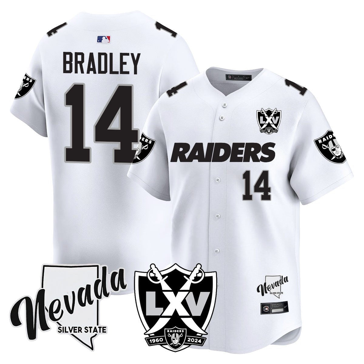 Raiders 2024 Baseball Limited Jersey – 65th Anniversary – All Stitched – Carter Bradley – 14 – White Limited Jersey