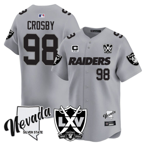 Raiders 2024 Baseball Limited Jersey – 65th Anniversary – All Stitched – Maxx Crosby – 98 – Silver Jersey
