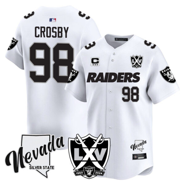 Raiders 2024 Baseball Limited Jersey – 65th Anniversary – All Stitched – Maxx Crosby – 98 – White Limited Jersey