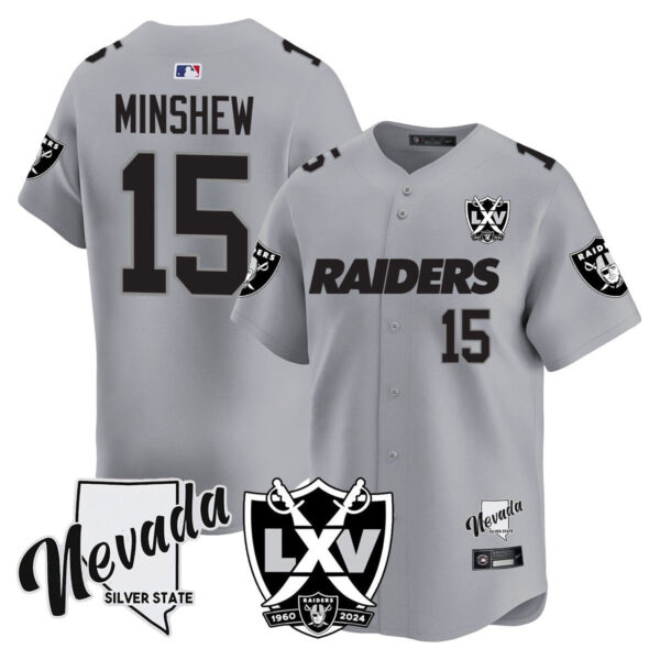 Raiders 2024 Baseball Limited Jersey – 65th Anniversary – All Stitched – Gardner Minshew – 15 – Silver Jersey