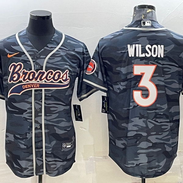 Men’s Denver Broncos #3 Russell Wilson Grey Camo With Patch Cool Base Stitched Baseball Jersey