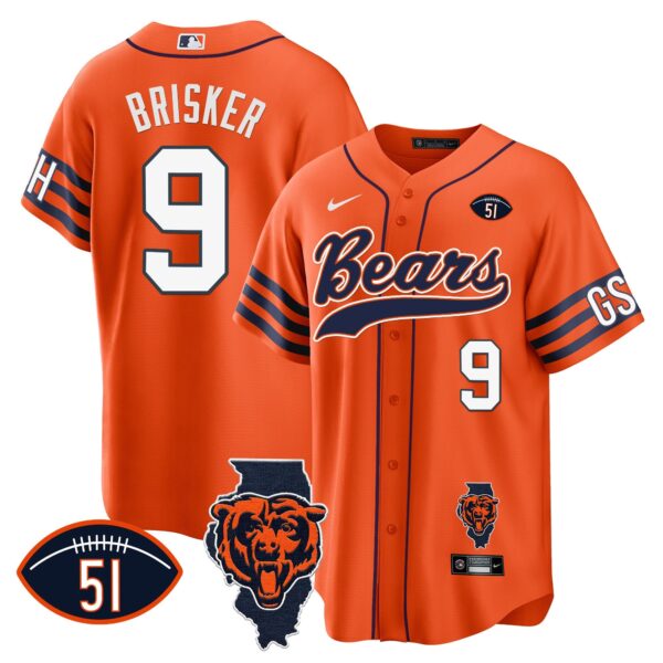 Bears Illinois Patch Baseball Jersey – All Stitched – Orange – Jaquan Brisker Jersey