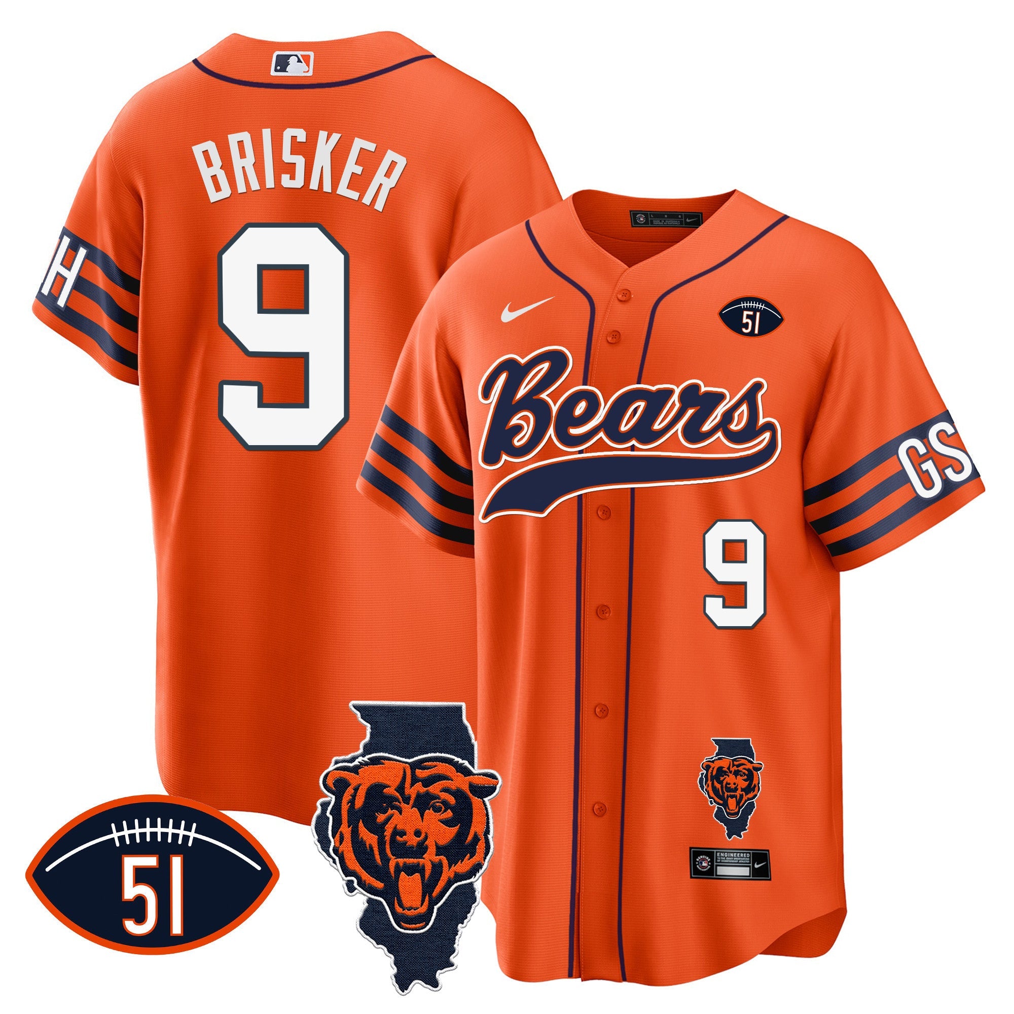 Bears Illinois Patch Baseball Jersey – All Stitched – Orange – Jaquan Brisker Jersey