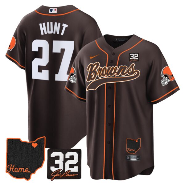 Browns #32 Jim Brown Memorial & Home Patch Baseball Jersey V2 – All Stitched – Brown – Kareem Hunt Jersey
