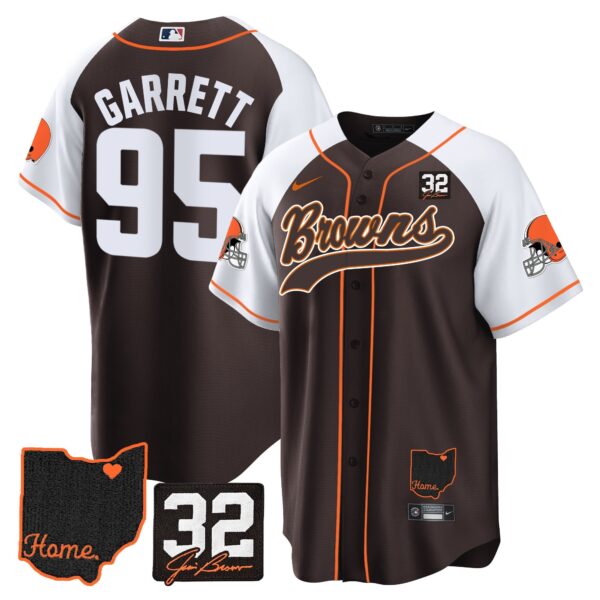 Browns #32 Jim Brown Memorial & Home Patch Baseball Jersey V2 – All Stitched – Alternate – Myles Garrett Jersey