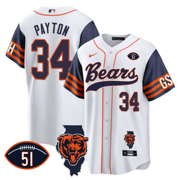 Bears Illinois Patch Baseball Jersey – All Stitched – Navy Sleeves – Walter Payton Jersey