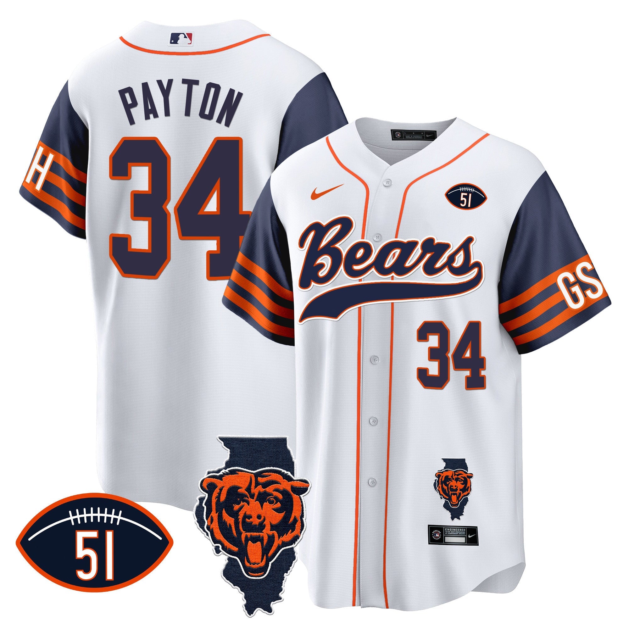 Bears Illinois Patch Baseball Jersey – All Stitched – Navy Sleeves – Walter Payton Jersey
