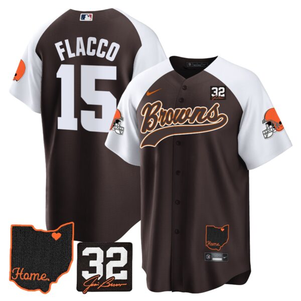 Browns #32 Jim Brown Memorial & Home Patch Baseball Jersey V2 – All Stitched – Alternate – Joe Flacco Jersey