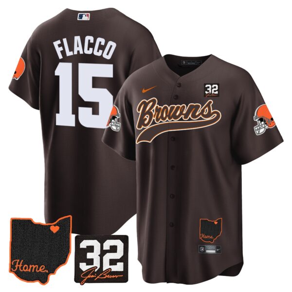 Browns #32 Jim Brown Memorial & Home Patch Baseball Jersey V2 – All Stitched – Brown – Joe Flacco Jersey