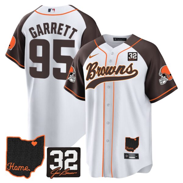 Browns #32 Jim Brown Memorial & Home Patch Baseball Jersey V2 – All Stitched – Inverted – Myles Garrett Jersey