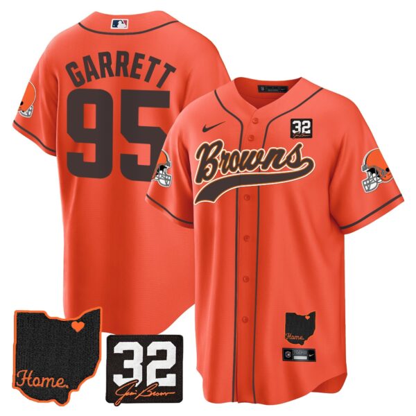 Browns #32 Jim Brown Memorial & Home Patch Baseball Jersey V2 – All Stitched – Orange – Myles Garrett Jersey