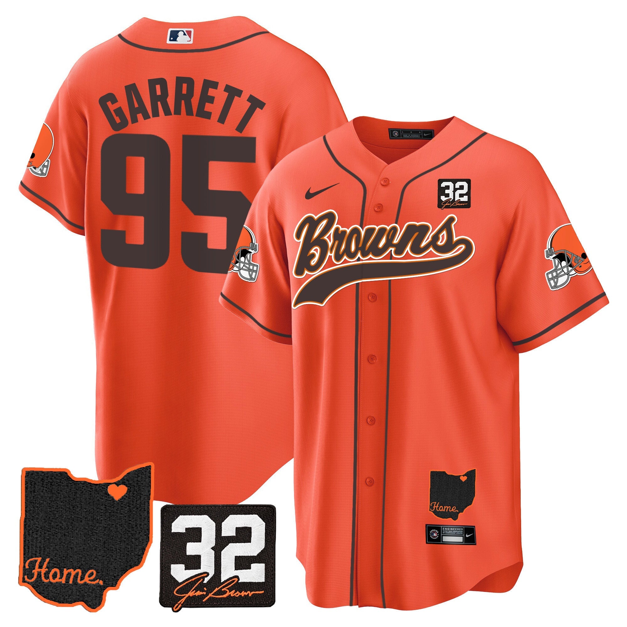 Browns #32 Jim Brown Memorial & Home Patch Baseball Jersey V2 – All Stitched – Orange – Myles Garrett Jersey
