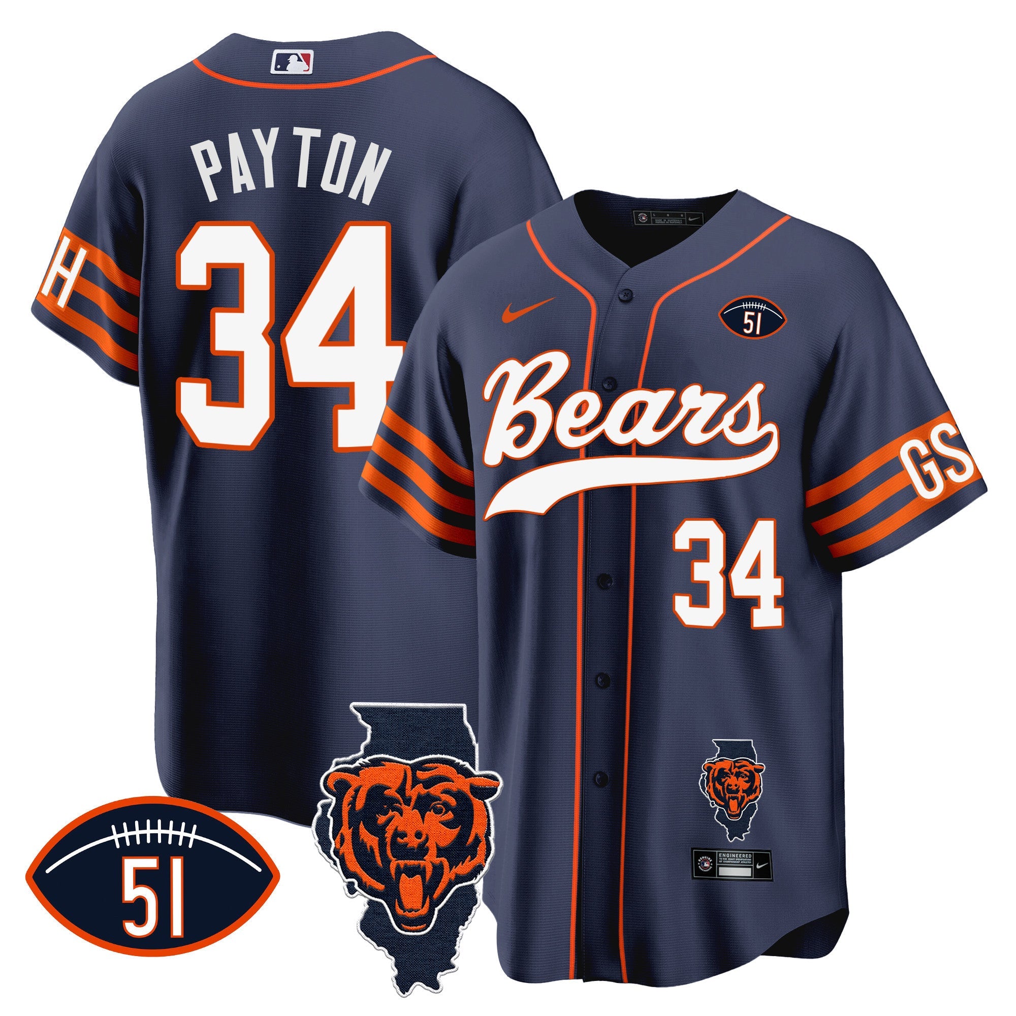 Bears Illinois Patch Baseball Jersey – All Stitched – Navy – Walter Payton Jersey