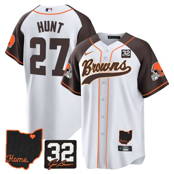 Browns #32 Jim Brown Memorial & Home Patch Baseball Jersey V2 – All Stitched – Inverted – Kareem Hunt Jersey
