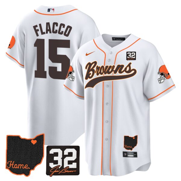 Browns #32 Jim Brown Memorial & Home Patch Baseball Jersey V2 – All Stitched – White – Joe Flacco Jersey