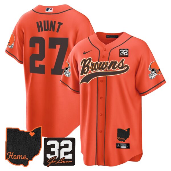 Browns #32 Jim Brown Memorial & Home Patch Baseball Jersey V2 – All Stitched – Orange – Kareem Hunt Jersey