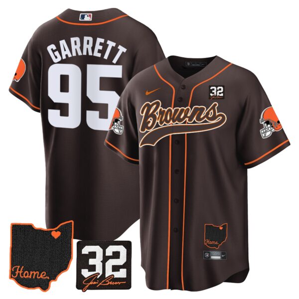 Browns #32 Jim Brown Memorial & Home Patch Baseball Jersey V2 – All Stitched – Brown – Myles Garrett Jersey