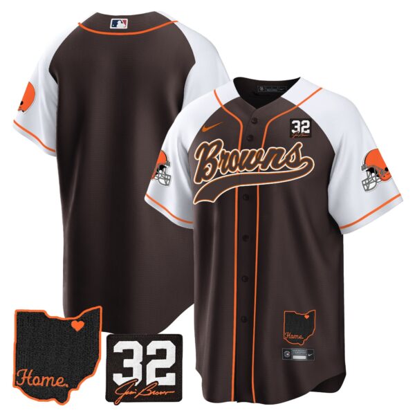 Browns #32 Jim Brown Memorial & Home Patch Baseball Jersey V2 – All Stitched – Alternate – Team Jersey
